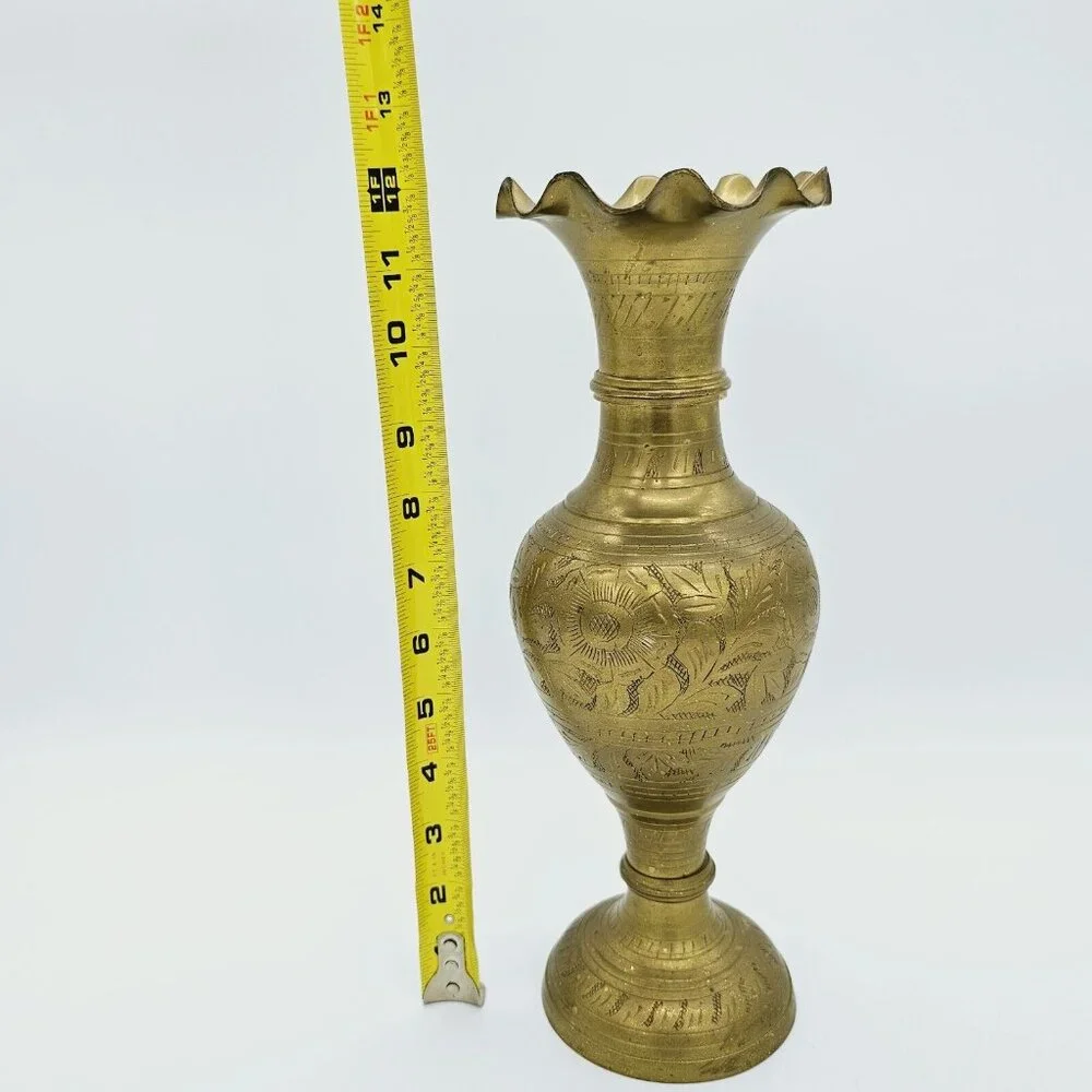 Vintage Indian Etched Brass Vase Urn 12